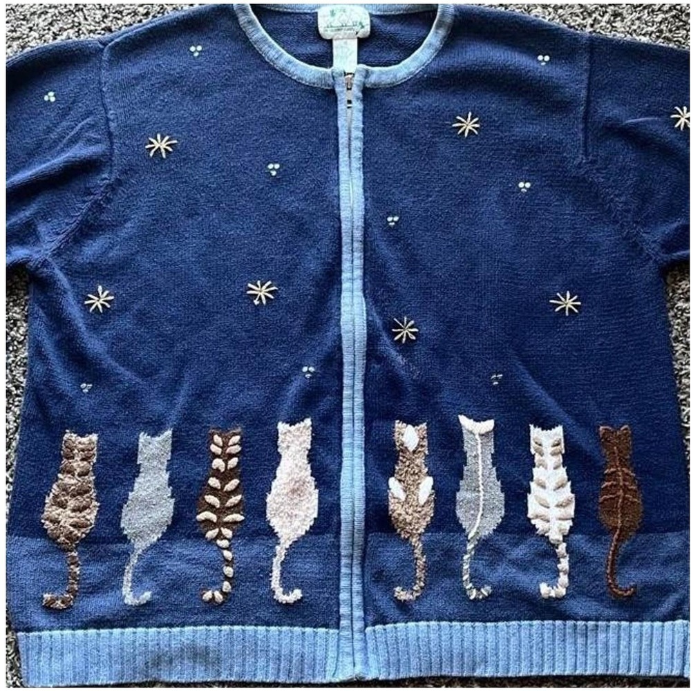 Quacker Factory Blue Cat Moon Star Embroidered Zip Cardigan Sweater Womens 1X